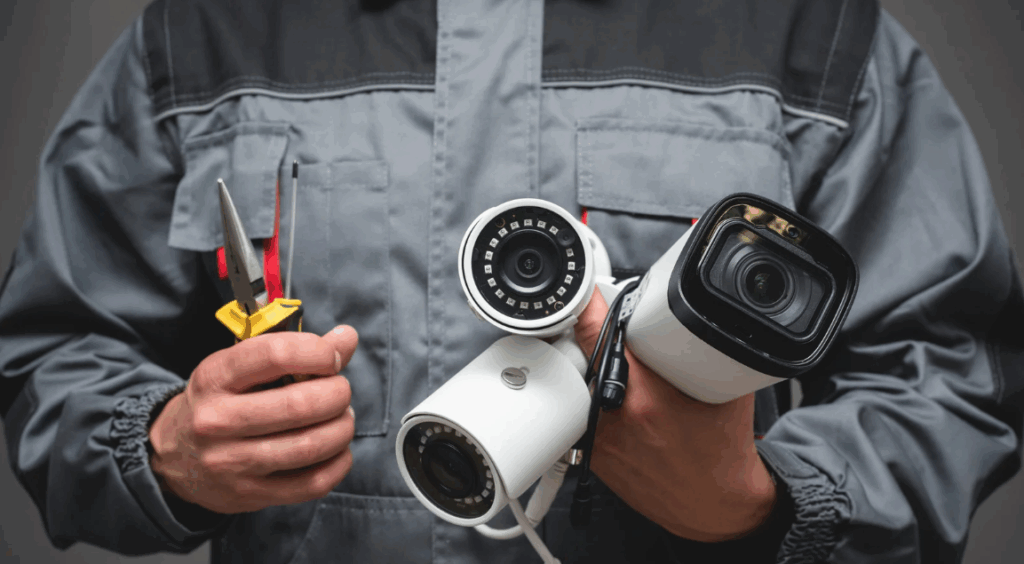 professional installer holding different types of camera