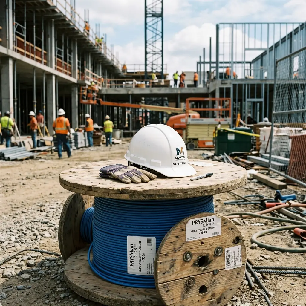 Construction hard hat on structured cabling spool