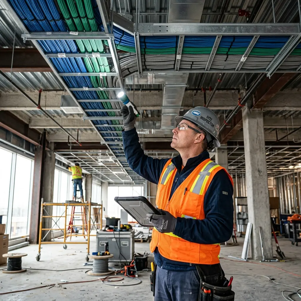 Building inspector examining overhead cable trays