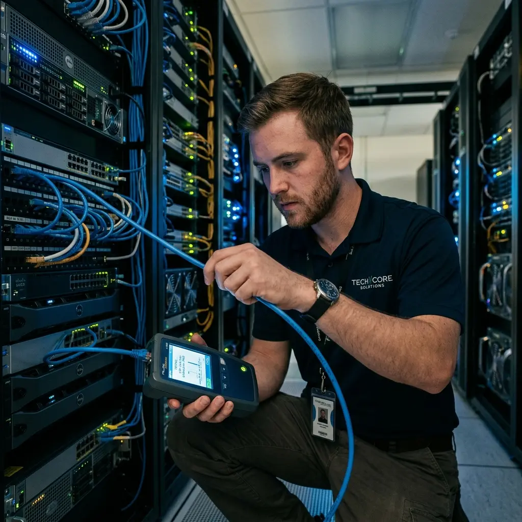 IT network technician testing Cat6 cable